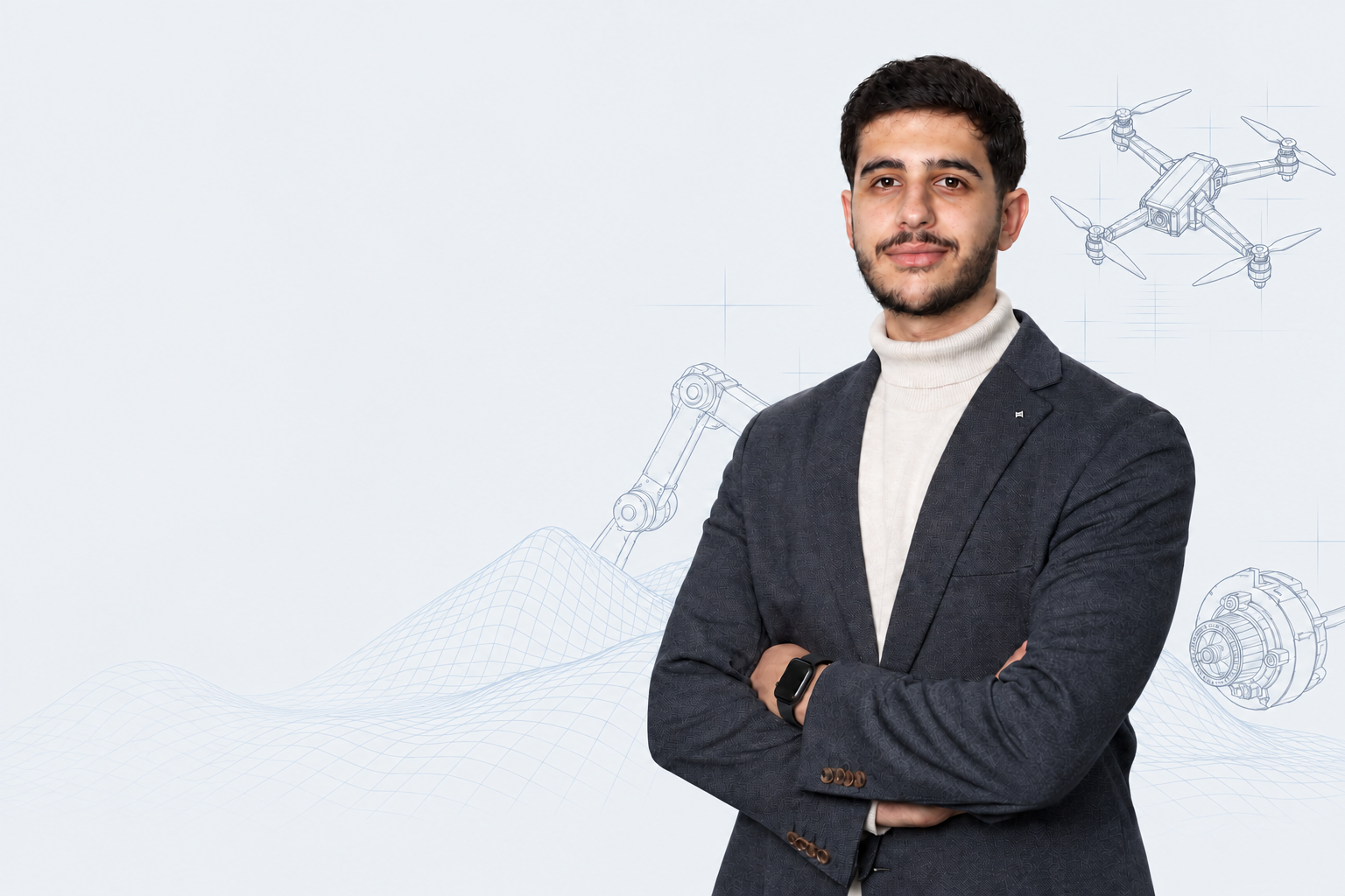 Ali Mdaihly with engineering sketches of a four-rotor drone, robotic arm and motor