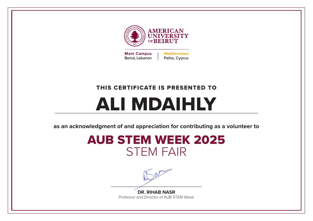 AUB STEM Week volunteer certificate