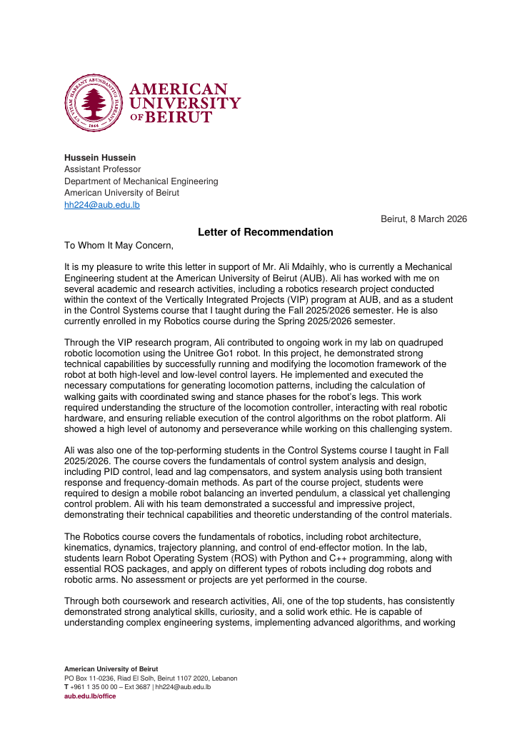 Letter of recommendation from Dr. Hussein Hussein